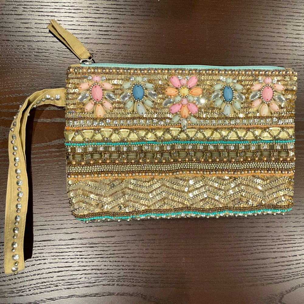 Gold Hand-Stitched Wristlet Handbag with Pastel Gems